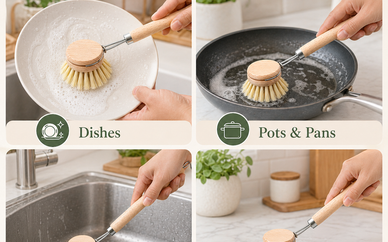 Beechwood scrub brush used on dishes and pots