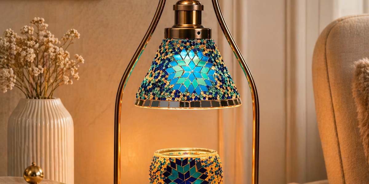 Blue mosaic candle warmer lamp on marble console