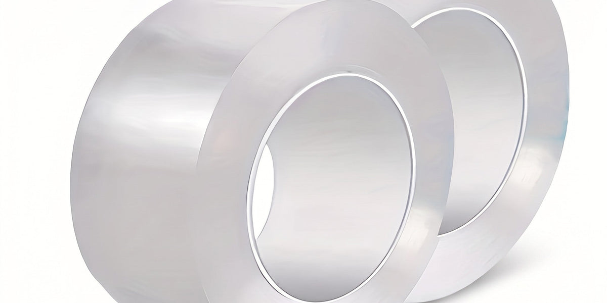 Two clear rolls of caulk tape on a white background