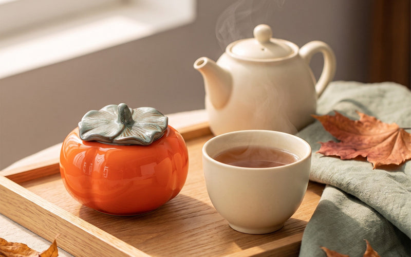 Ceramic tea caddy on a wooden tea tray beside a teapot and a cup of tea