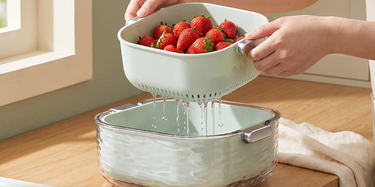 colander vs strainer — lifting a colander insert out of its bowl, water draining below