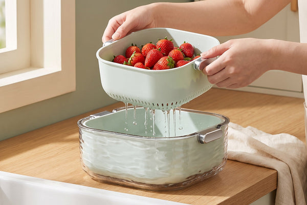 colander vs strainer — lifting a colander insert out of its bowl, water draining below