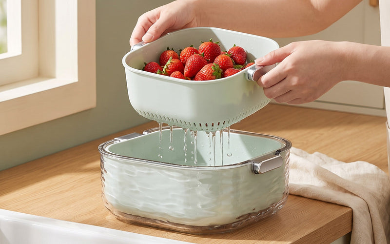 colander vs strainer — lifting a colander insert out of its bowl, water draining below