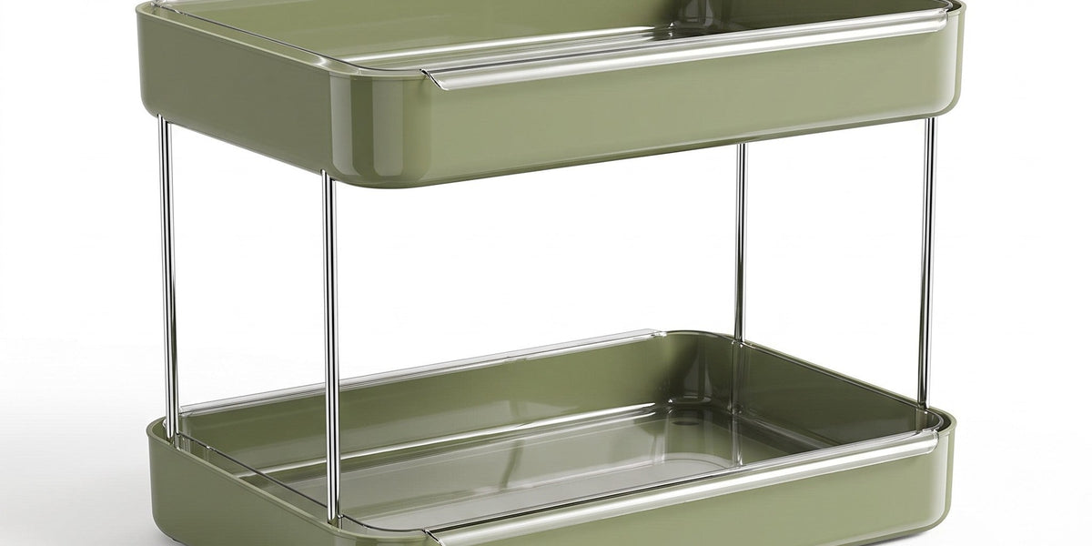 Sage green two-tier countertop mug rack on a white background