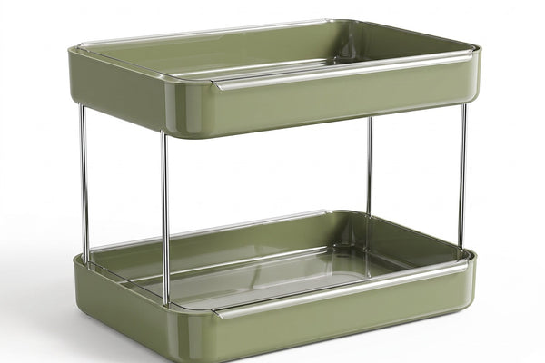 Sage green two-tier countertop mug rack on a white background