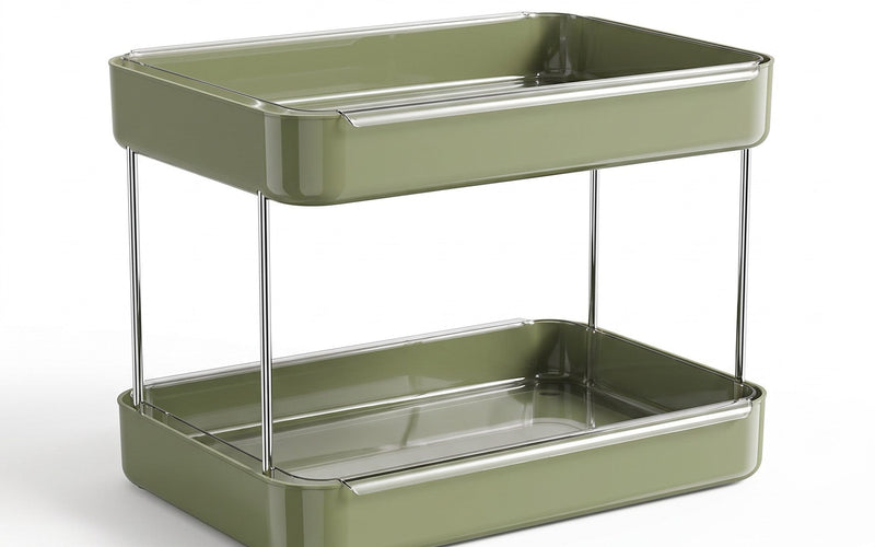Sage green two-tier countertop mug rack on a white background