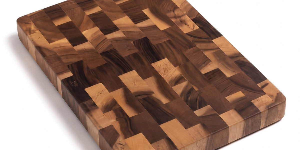 End grain cutting board, solid wood checkerboard board on a white background