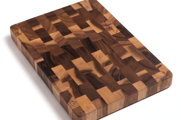End grain cutting board, solid wood checkerboard board on a white background