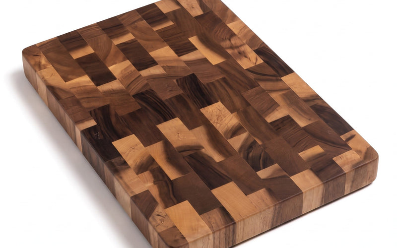 End grain cutting board, solid wood checkerboard board on a white background