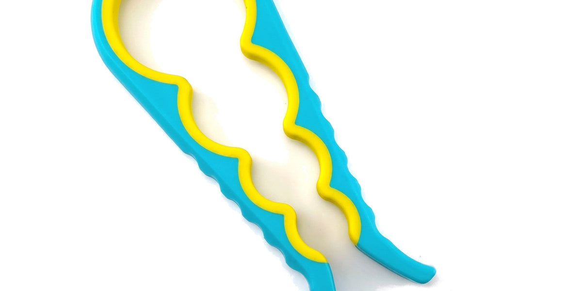Blue 4-in-1 jar opener with a yellow non-slip grip band
