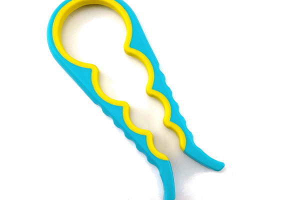 Blue 4-in-1 jar opener with a yellow non-slip grip band