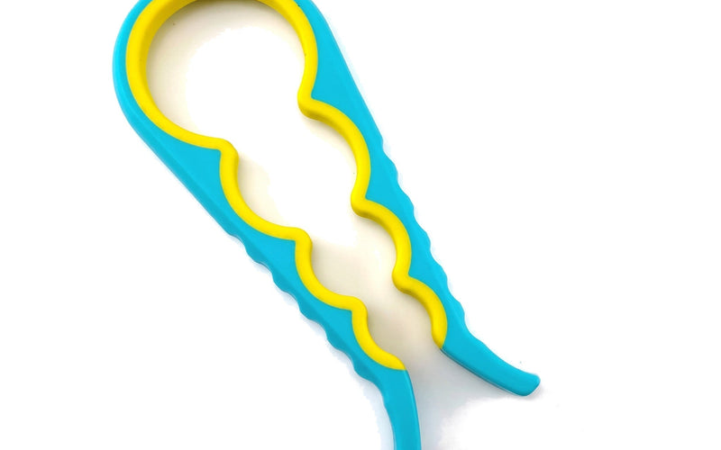 Blue 4-in-1 jar opener with a yellow non-slip grip band
