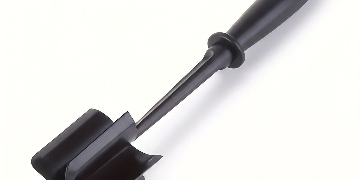 Meat chopper for ground beef, black 5-blade meat masher on a white background
