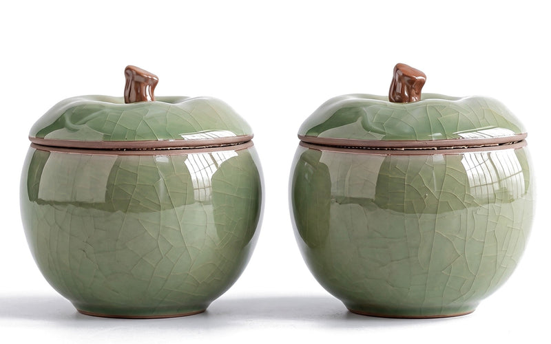 What is a trinket box, two light green ceramic apple trinket jars