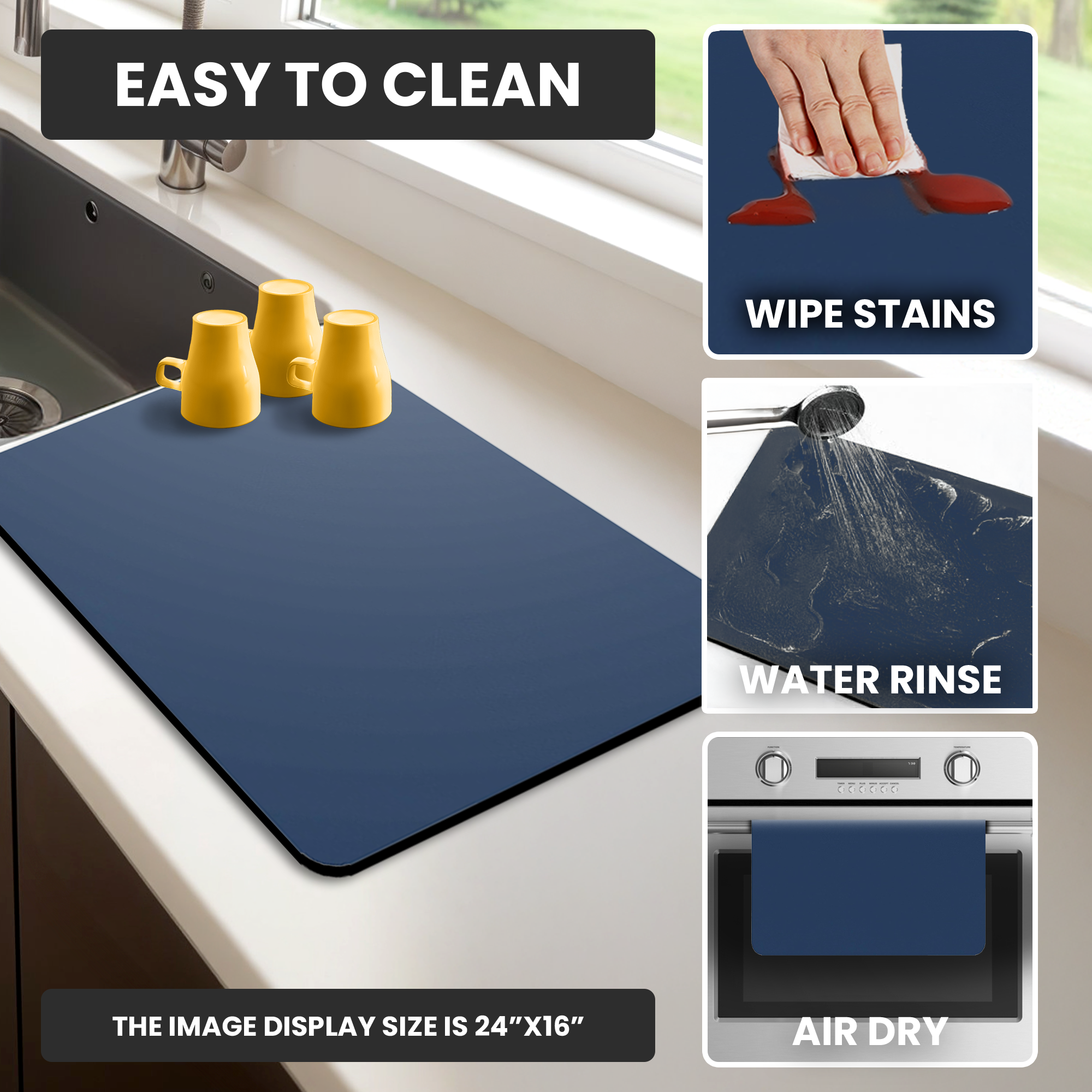 Navy Dish Drying Mat – Super Absorbent, Quick Dry Kitchen Counter Mat – Non-Slip & Easy to Clean | Strabella - Strabella-Home