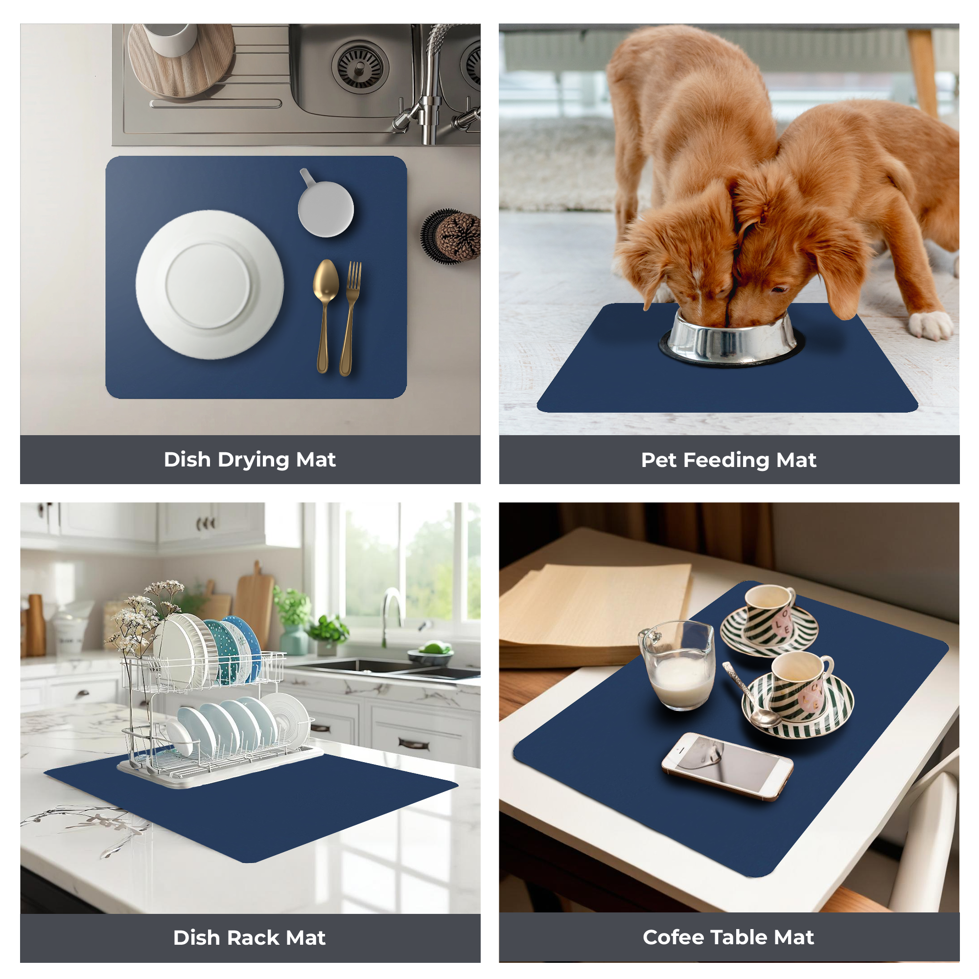 Navy Dish Drying Mat – Super Absorbent, Quick Dry Kitchen Counter Mat – Non-Slip & Easy to Clean | Strabella - Strabella-Home