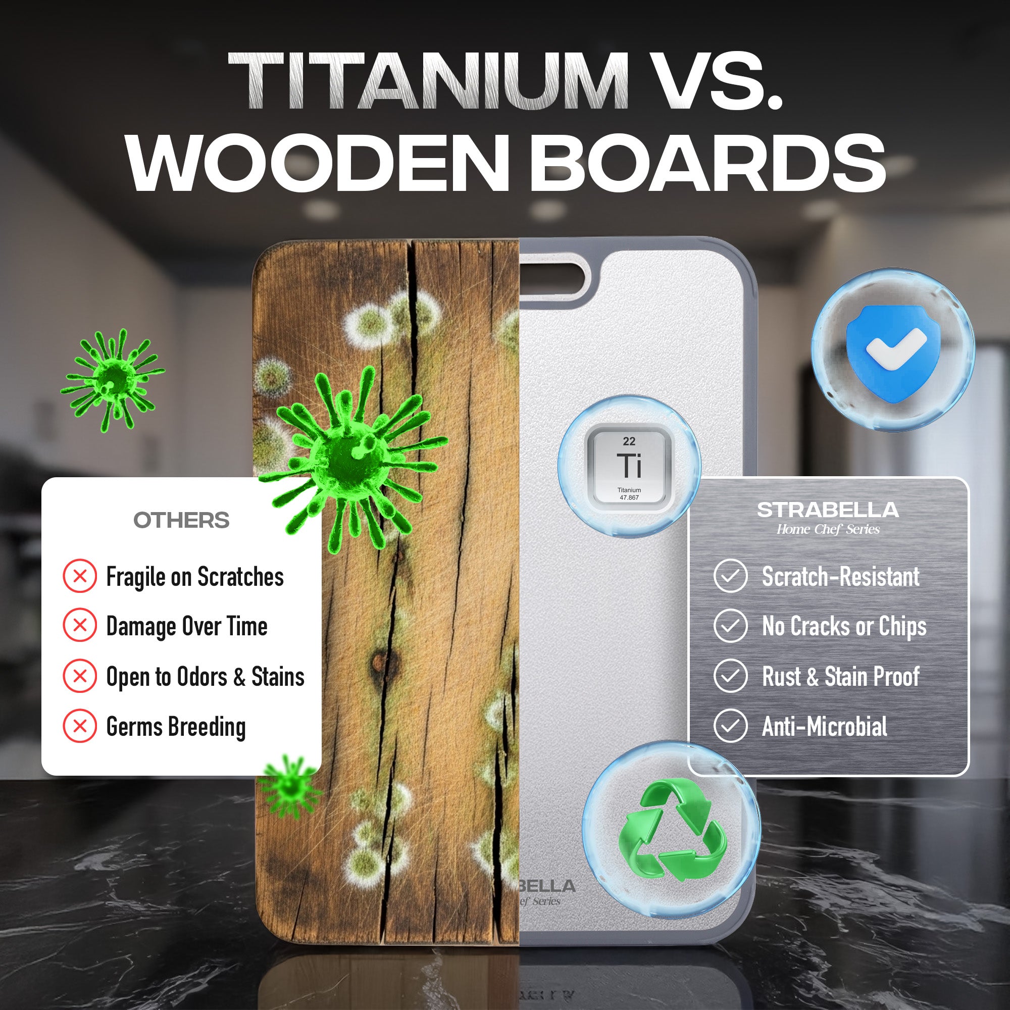 %100 Titanium Cutting Board – Antibacterial, Scratch Resistant | Strabella - Strabella-Home