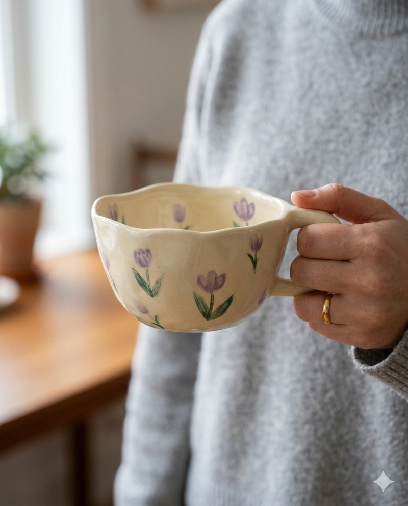 Strabella 8.5oz Milky Yellow Hand Pinched Irregular Mug - Unique Matcha Tea Cup, Tulip Ceramic Coffee and Oatmeal Cup, Perfect Gift for All Occasions - Strabella Home