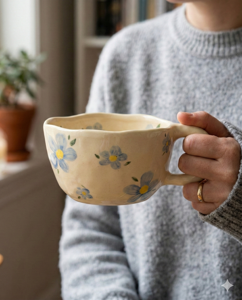 Strabella 8.5oz Milky Yellow Hand Pinched Irregular Mug - Unique Matcha Tea Cup, Tulip Ceramic Coffee and Oatmeal Cup, Perfect Gift for All Occasions - Strabella Home