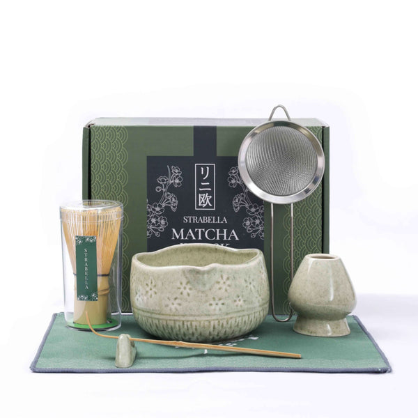 Hand-cut Madake bamboo chasen with ~80 prongs in a hand-pinched ceramic chawan, Strabella matcha whisk set
