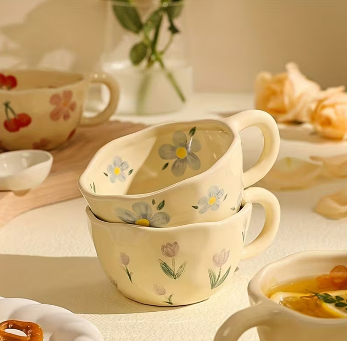 Strabella 8.5oz Milky Yellow Hand Pinched Irregular Mug - Unique Matcha Tea Cup, Tulip Ceramic Coffee and Oatmeal Cup, Perfect Gift for All Occasions - Strabella Home