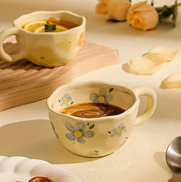 Strabella 8.5oz Milky Yellow Hand Pinched Irregular Mug - Unique Matcha Tea Cup, Tulip Ceramic Coffee and Oatmeal Cup, Perfect Gift for All Occasions - Strabella Home