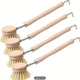 Set of 4 Kitchen Scrub Brushes Featuring Beechwood Handles, Designed for Cleaning Dishes with Natural Fiber Bristles. Includes 2-Inch Replacement Brush Heads Suitable for Pots, Pans, And Utensils