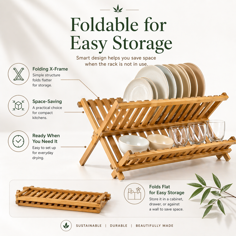 Bamboo dish rack loaded with plates, bowls, and cups