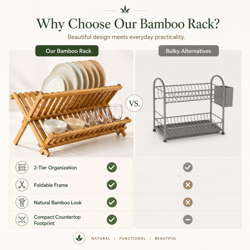 Bamboo dish rack styled on a kitchen counter