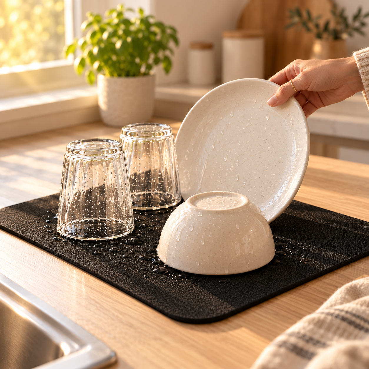 Black dish drying mat 16 x 12 in on a kitchen counter with glasses, a bowl and a plate drying on it