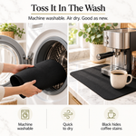 Machine washable dish drying mat going into a washing machine and back under a coffee maker