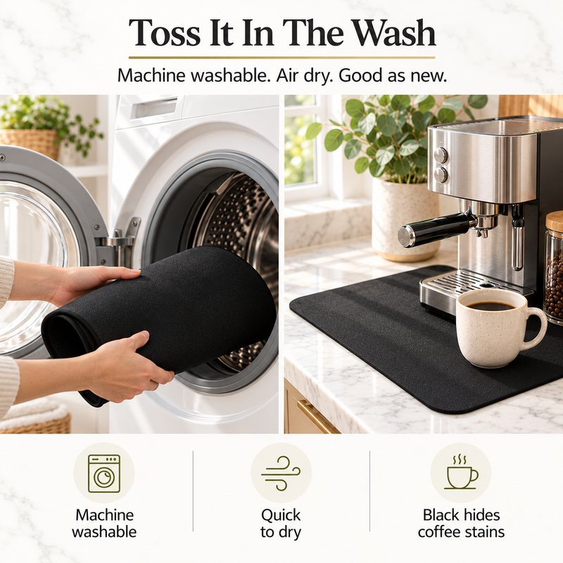 Machine washable dish drying mat going into a washing machine and back under a coffee maker