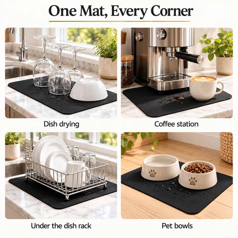 Four uses of the dish drying mat: dish drying, coffee station, under the dish rack and pet bowls