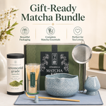 Blue ceramic chawan with stainless sifter, bamboo whisk, and ceremonial matcha for daily ritual