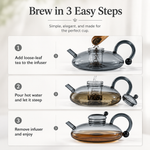 Brew tea in 3 steps: add loose-leaf to the infuser, pour hot water and steep, remove the infuser and enjoy