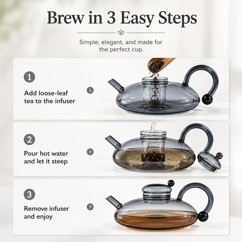 Brew tea in 3 steps: add loose-leaf to the infuser, pour hot water and steep, remove the infuser and enjoy