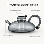 Glass teapot design details: removable glass infuser, comfort ring handle, smooth pouring spout, 500 ml capacity