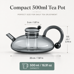 Borosilicate glass teapot dimensions: 500 ml, 20 cm wide and 9.5 cm tall