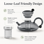 Loose-leaf friendly glass teapot: easy to fill, removable infuser, clean compact design