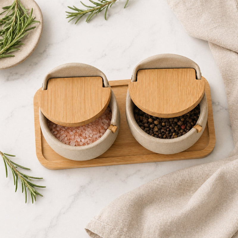 Salt cellar on counter by the stove — Strabella cottage kitchen