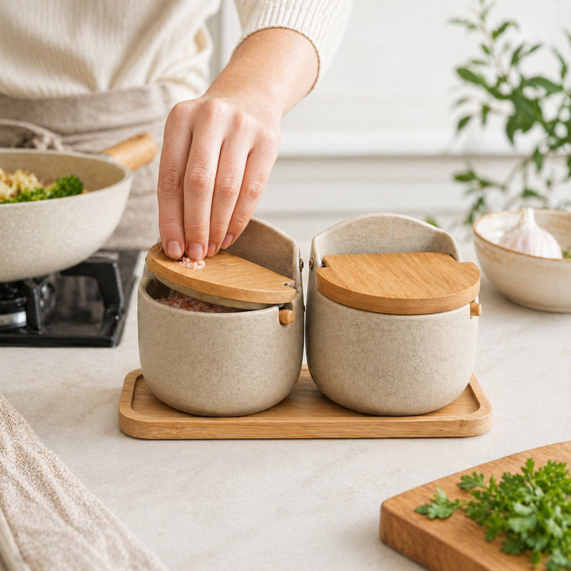 Size reference — 3.5 inch diameter ceramic salt pot, 2.5oz capacity