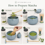 Ceremonial matcha powder tin and bamboo accessories arranged on linen tea mat with blue chawan