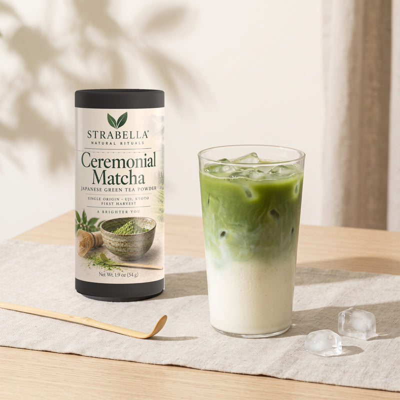 Iced matcha latte made with Strabella Asanagi ceremonial matcha powder
