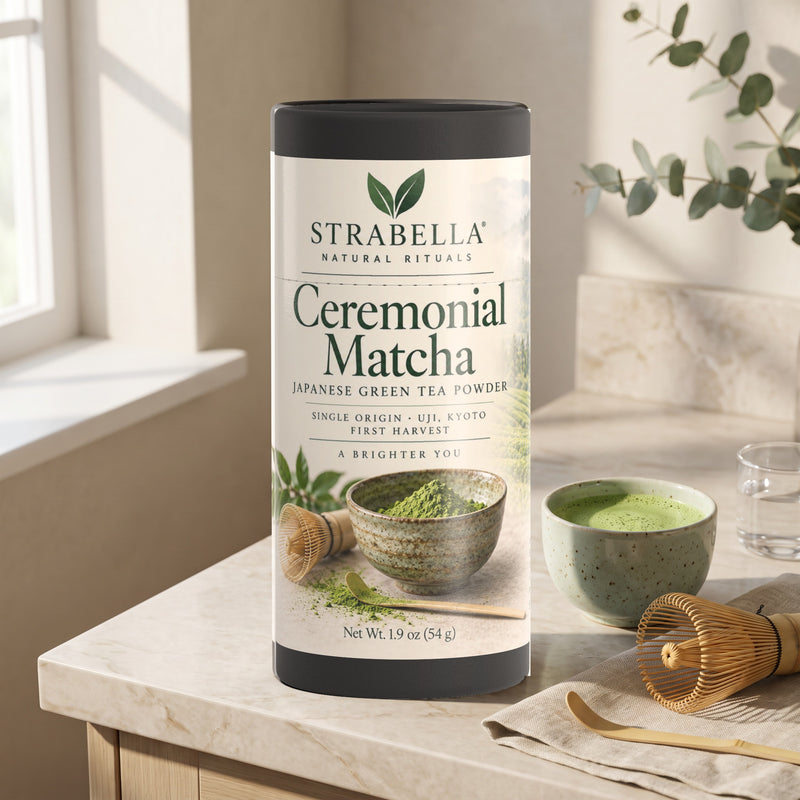 Strabella Asanagi ceremonial matcha tin on a bright kitchen counter