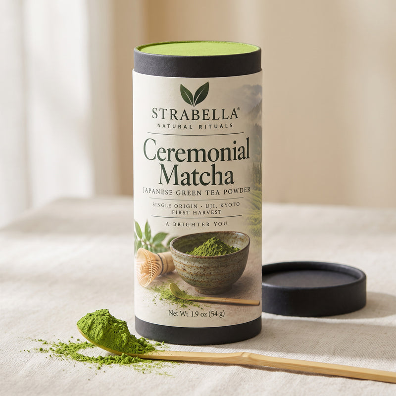 Open tin of Asanagi ceremonial matcha showing vivid green stone-ground powder