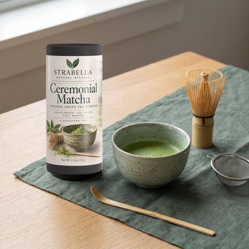 Asanagi ceremonial matcha whisked in a bowl with bamboo whisk and scoop