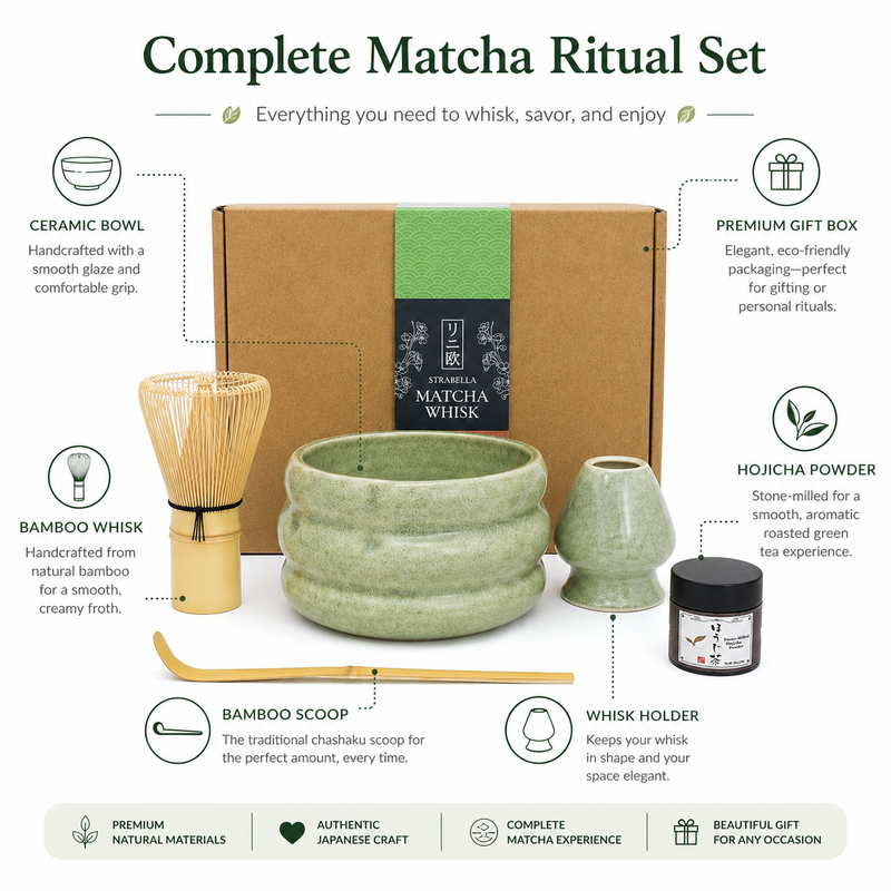 Complete hojicha ritual set in sage green — ceramic bowl, bamboo whisk, scoop, whisk holder, gift box and Kyoto hojicha powder