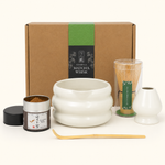Complete white Strabella Hojicha Set — ceramic bowl, bamboo whisk, whisk holder, scoop, gift box and Kyoto hojicha powder