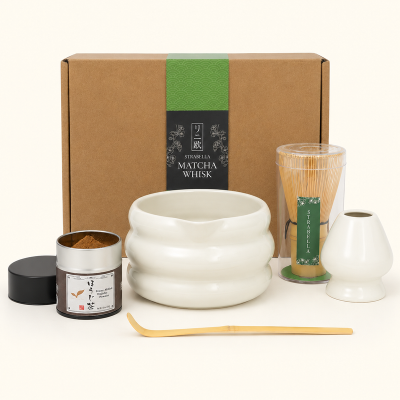 Complete white Strabella Hojicha Set — ceramic bowl, bamboo whisk, whisk holder, scoop, gift box and Kyoto hojicha powder