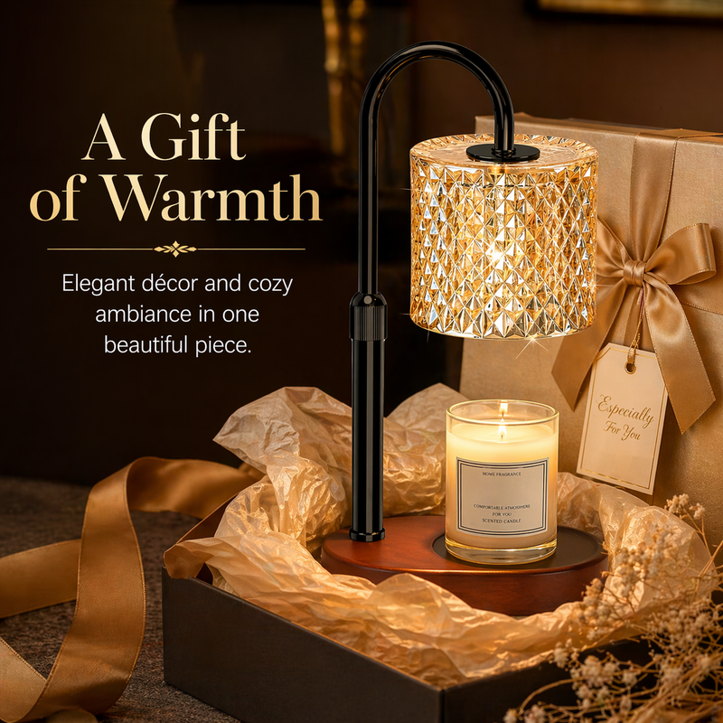 A gift of warmth — crystal candle warmer lamp in gold gift wrap with ribbon